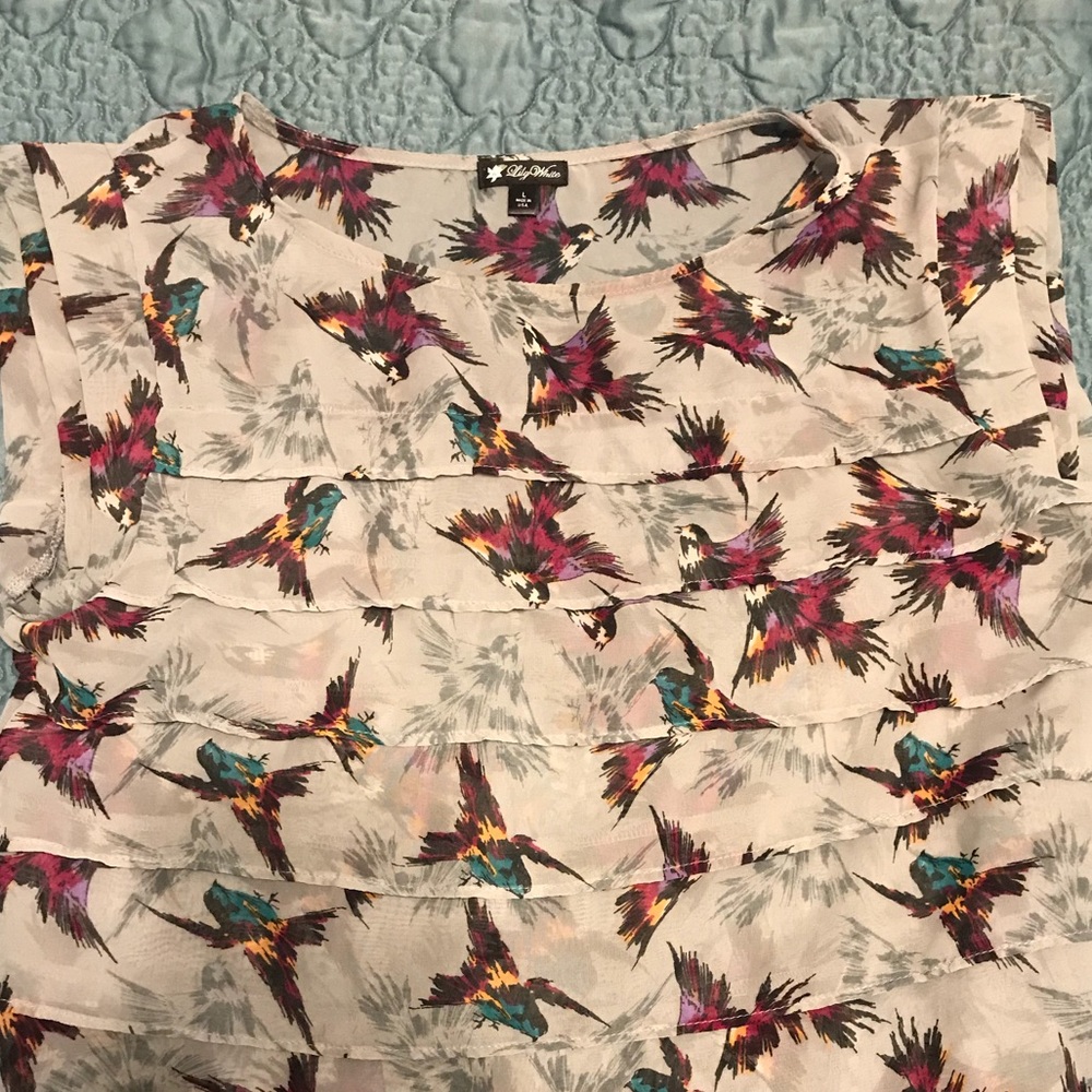 Lilly White sheer ruffle front hummingbird blouse